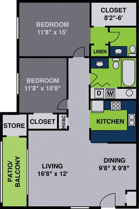 Floor plan for 2 beds, 1.5 baths, 1030 sqft